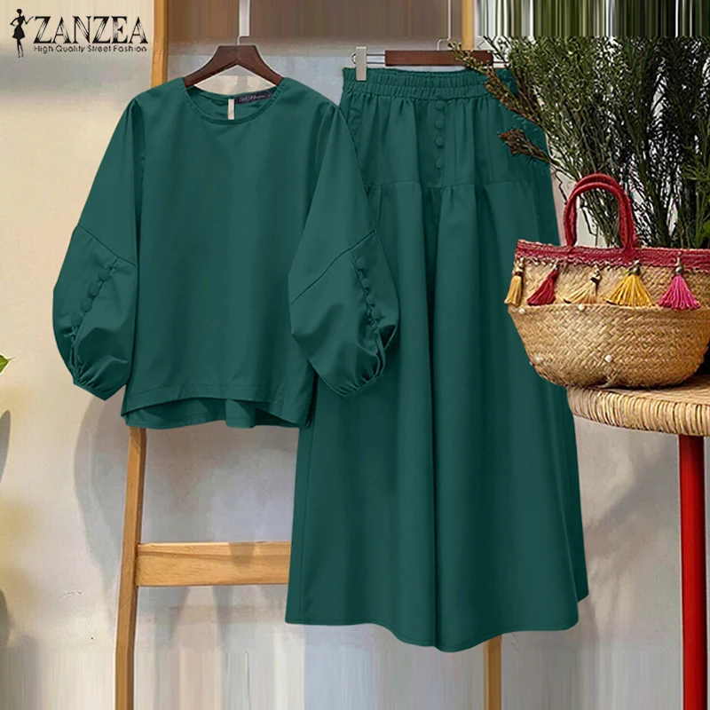Women's Casual Chic Skirt Suits Autumn O-Neck Lantern Sleeve Blouses and A-Line Maxi Skirts 2 Piece Sets ZANZEA Woman Outfit 3XL