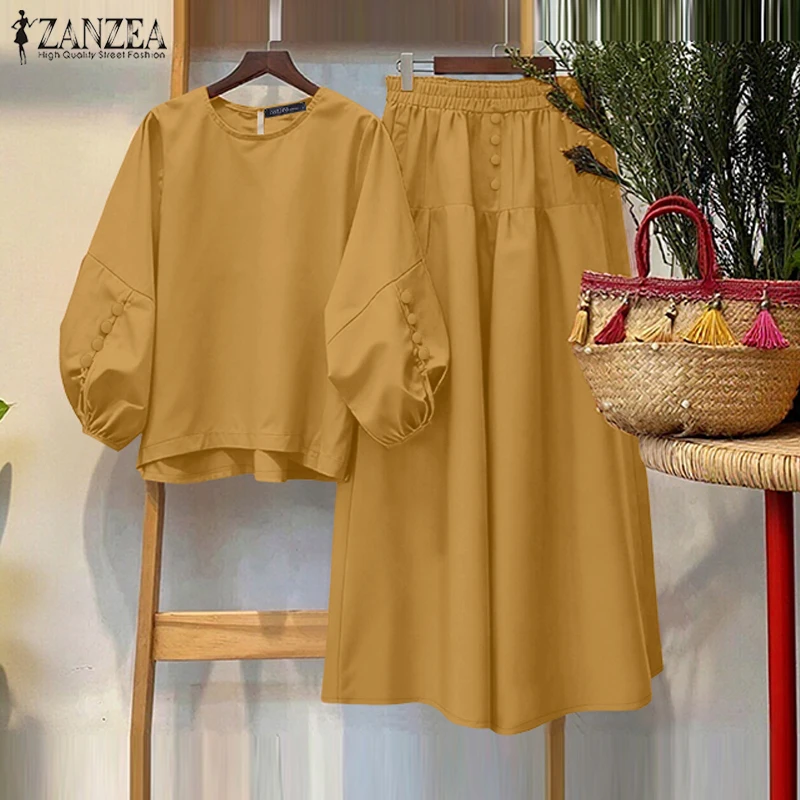 Women's Casual Chic Skirt Suits Autumn O-Neck Lantern Sleeve Blouses and A-Line Maxi Skirts 2 Piece Sets ZANZEA Woman Outfit 3XL