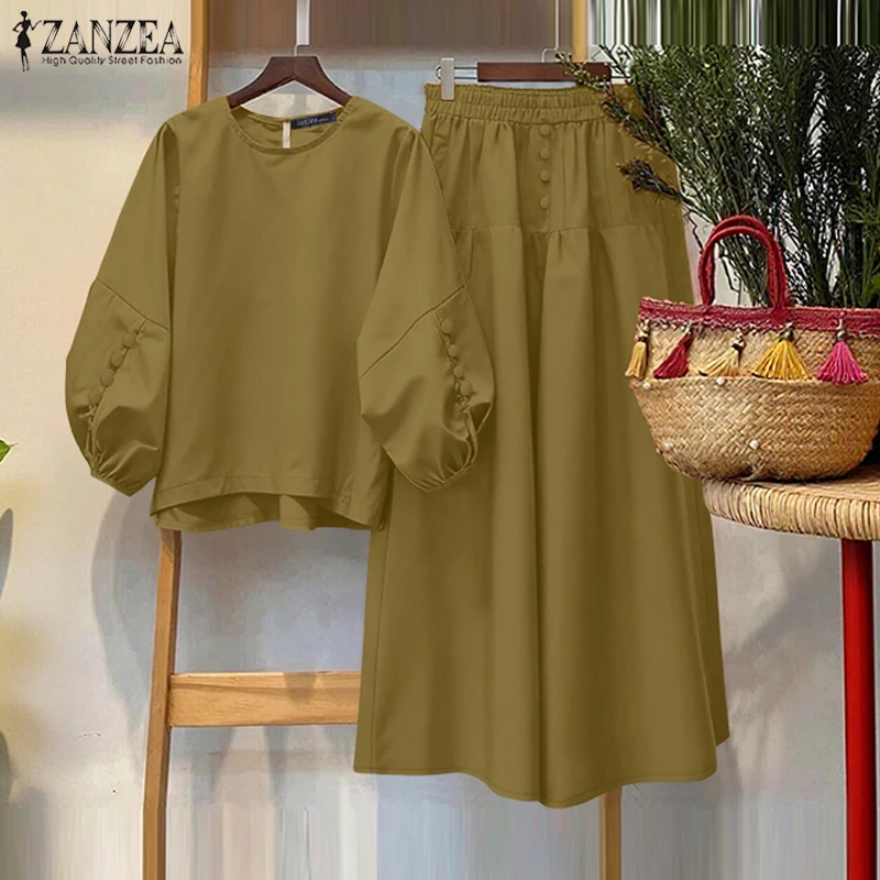 Women's Casual Chic Skirt Suits Autumn O-Neck Lantern Sleeve Blouses and A-Line Maxi Skirts 2 Piece Sets ZANZEA Woman Outfit 3XL