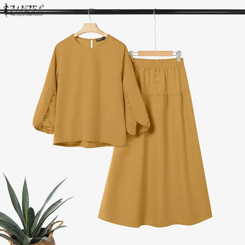 Women's Casual Chic Skirt Suits Autumn O-Neck Lantern Sleeve Blouses and A-Line Maxi Skirts 2 Piece Sets ZANZEA Woman Outfit 3XL