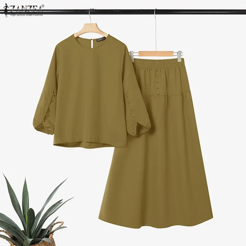 Women's Casual Chic Skirt Suits Autumn O-Neck Lantern Sleeve Blouses and A-Line Maxi Skirts 2 Piece Sets ZANZEA Woman Outfit 3XL