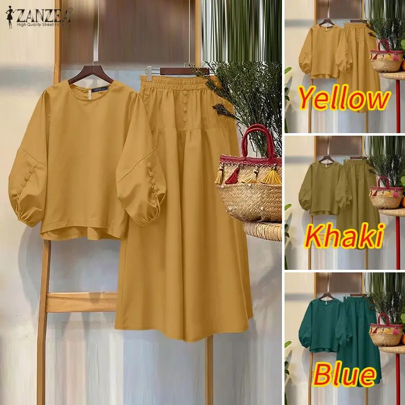 Women's Casual Chic Skirt Suits Autumn O-Neck Lantern Sleeve Blouses and A-Line Maxi Skirts 2 Piece Sets ZANZEA Woman Outfit 3XL
