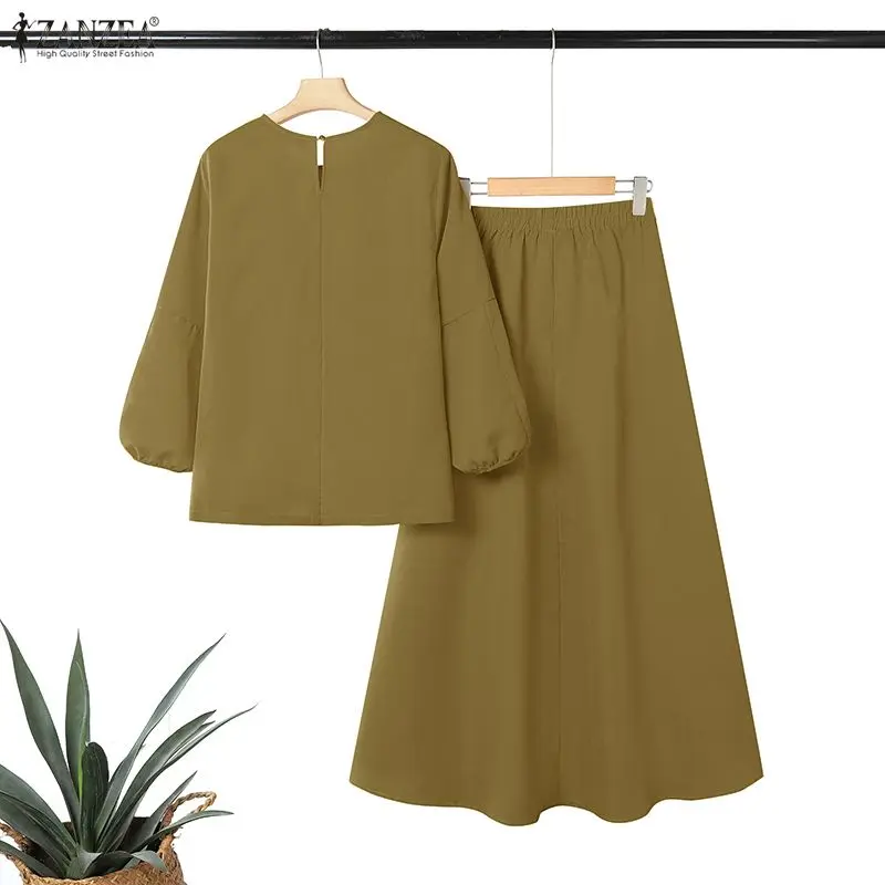 Women's Casual Chic Skirt Suits Autumn O-Neck Lantern Sleeve Blouses and A-Line Maxi Skirts 2 Piece Sets ZANZEA Woman Outfit 3XL