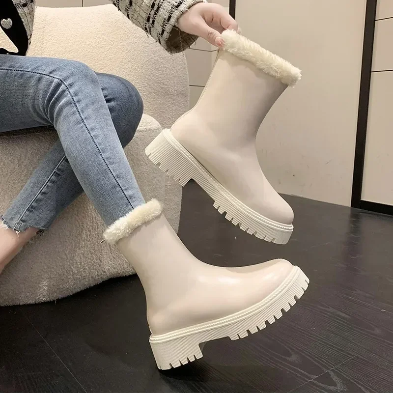 Thickened Long Tube Boots Women's Autumn Winter New Fashion Fleece Lined Zipper Back Riding Boot Knee High Rubber Outsole