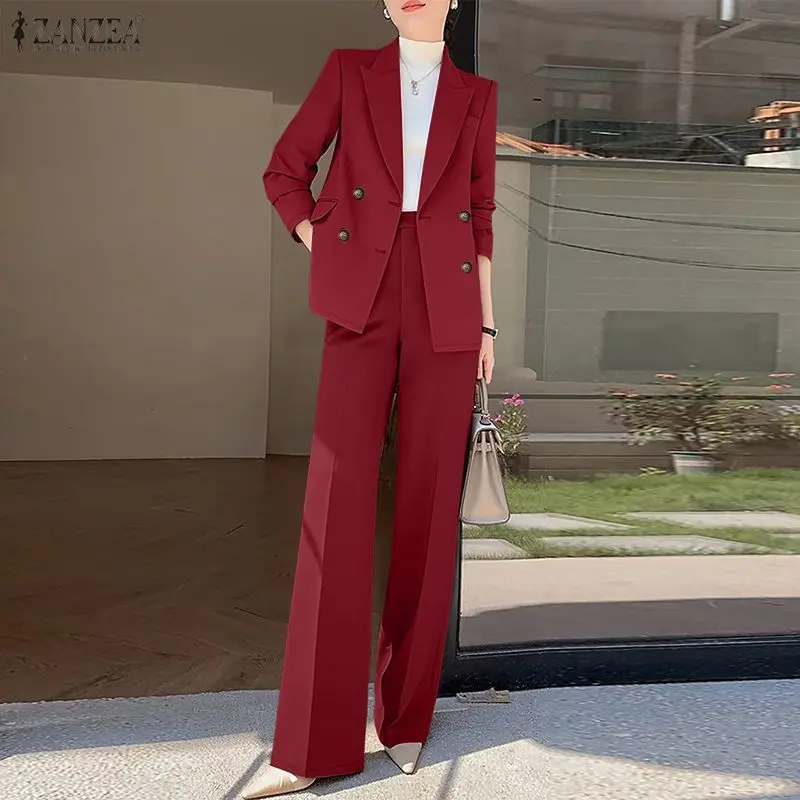 ZANZEA Women's Elegant Blazer Pant Suits Peak Lapel Jackets and Wide Leg Pants 2 Pieces Sets Outfits Office Wear Woman Suits