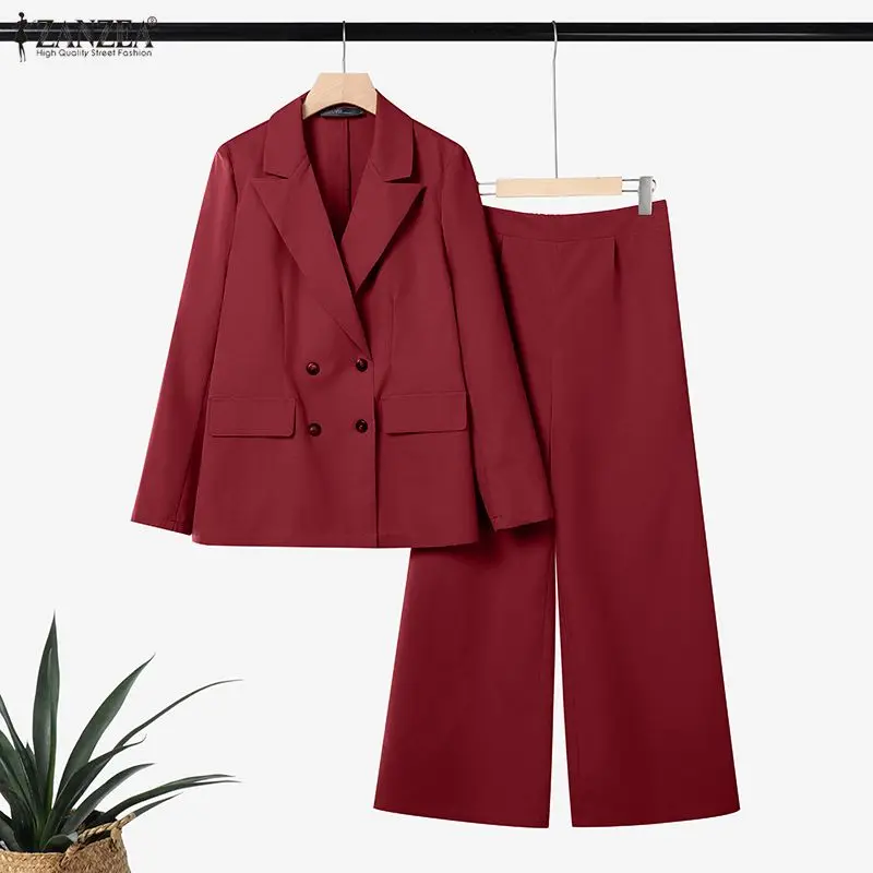 ZANZEA Women's Elegant Blazer Pant Suits Peak Lapel Jackets and Wide Leg Pants 2 Pieces Sets Outfits Office Wear Woman Suits