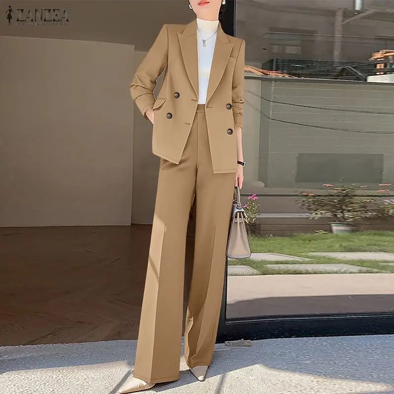 ZANZEA Women's Elegant Blazer Pant Suits Peak Lapel Jackets and Wide Leg Pants 2 Pieces Sets Outfits Office Wear Woman Suits