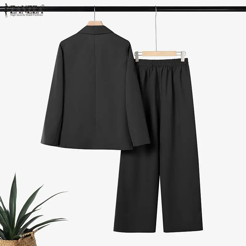 ZANZEA Women's Elegant Blazer Pant Suits Peak Lapel Jackets and Wide Leg Pants 2 Pieces Sets Outfits Office Wear Woman Suits