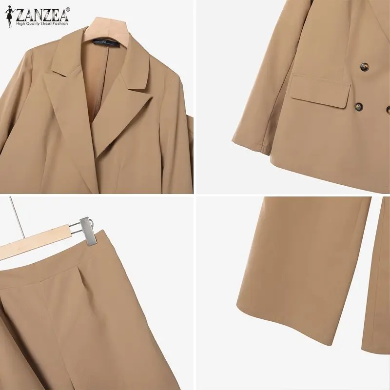ZANZEA Women's Elegant Blazer Pant Suits Peak Lapel Jackets and Wide Leg Pants 2 Pieces Sets Outfits Office Wear Woman Suits