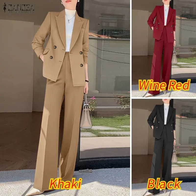 ZANZEA Women's Elegant Blazer Pant Suits Peak Lapel Jackets and Wide Leg Pants 2 Pieces Sets Outfits Office Wear Woman Suits