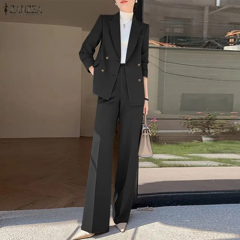 ZANZEA Women's Elegant Blazer Pant Suits Peak Lapel Jackets and Wide Leg Pants 2 Pieces Sets Outfits Office Wear Woman Suits