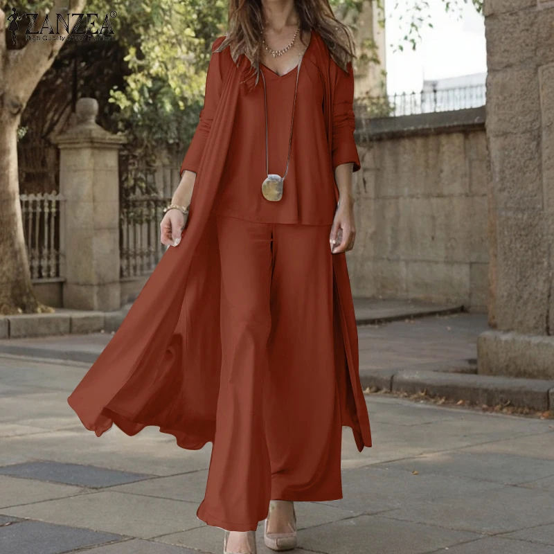 ZANZEA Streetwear Holiday 3pcs Pant Sets Wide Leg Trousers Women Loose Solid Suits Casual Tank Tops and Cardigans 3-Pieces Sets ZANZEA Streetwear Holiday 3pcs Pant Sets Wide Leg Trousers Women Loose Solid Suits Casual Tank Tops and Cardigans 3-Pieces Sets