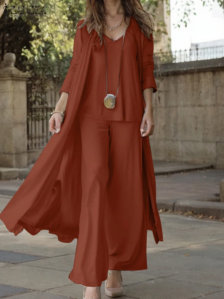 ZANZEA Streetwear Holiday 3pcs Pant Sets Wide Leg Trousers Women Loose Solid Suits Casual Tank Tops and Cardigans 3-Pieces Sets ZANZEA Streetwear Holiday 3pcs Pant Sets Wide Leg Trousers Women Loose Solid Suits Casual Tank Tops and Cardigans 3-Pieces Sets