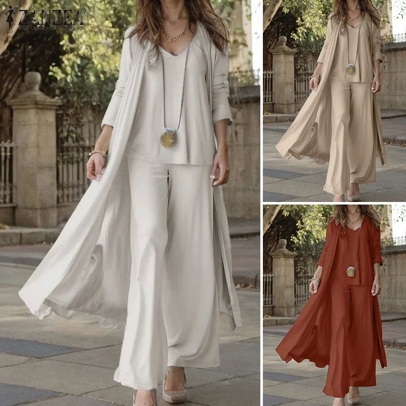 ZANZEA Streetwear Holiday 3pcs Pant Sets Wide Leg Trousers Women Loose Solid Suits Casual Tank Tops and Cardigans 3-Pieces Sets ZANZEA Streetwear Holiday 3pcs Pant Sets Wide Leg Trousers Women Loose Solid Suits Casual Tank Tops and Cardigans 3-Pieces Sets