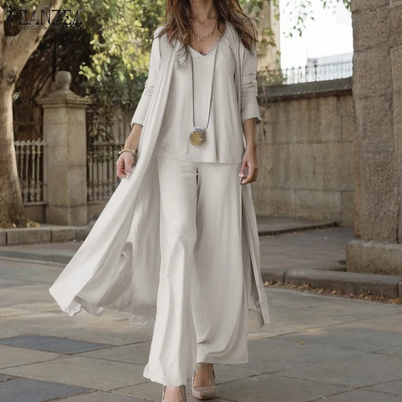 ZANZEA Streetwear Holiday 3pcs Pant Sets Wide Leg Trousers Women Loose Solid Suits Casual Tank Tops and Cardigans 3-Pieces Sets ZANZEA Streetwear Holiday 3pcs Pant Sets Wide Leg Trousers Women Loose Solid Suits Casual Tank Tops and Cardigans 3-Pieces Sets