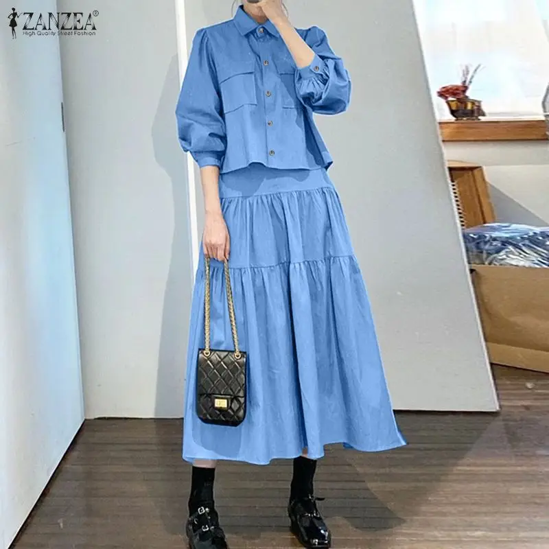 ZANZEA Casual Women's 2 Piece Skirt Sets Long Sleeve Shirts and Elastic Waist Midi Skirts Suits 2pcs Elegant Woman Outfits
