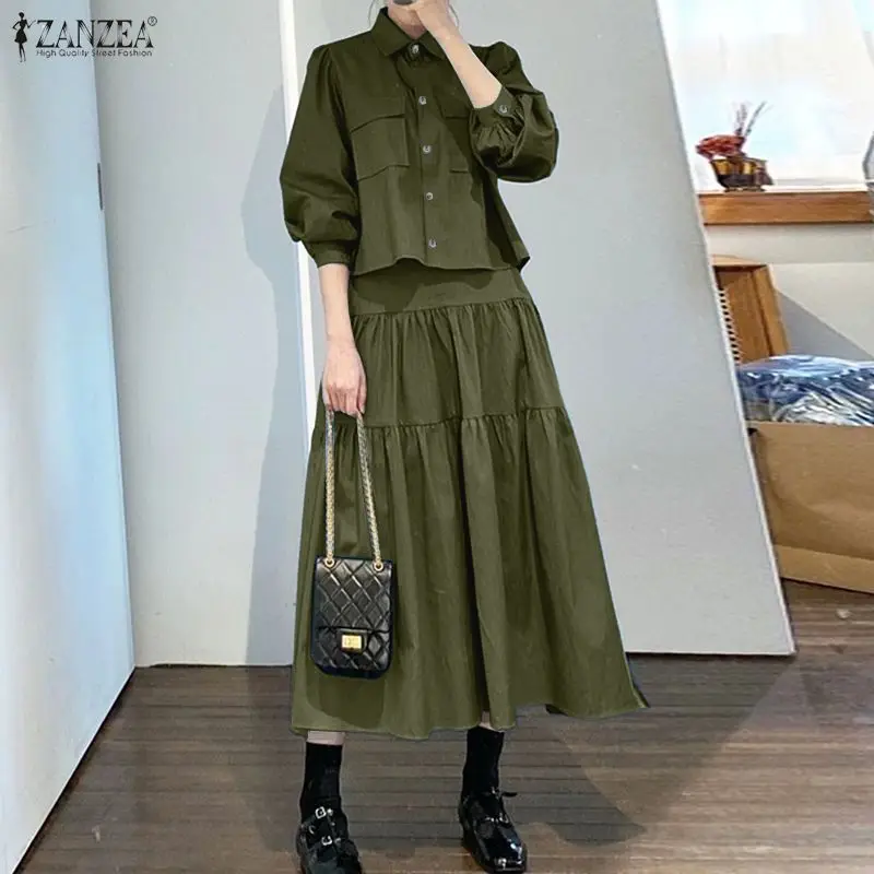 ZANZEA Casual Women's 2 Piece Skirt Sets Long Sleeve Shirts and Elastic Waist Midi Skirts Suits 2pcs Elegant Woman Outfits
