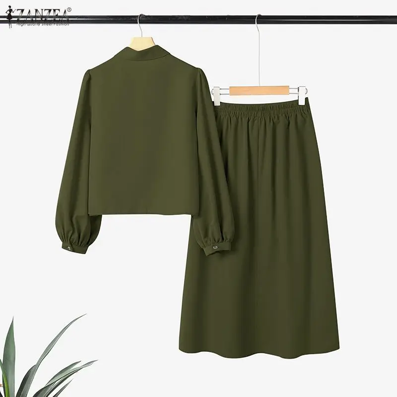 ZANZEA Casual Women's 2 Piece Skirt Sets Long Sleeve Shirts and Elastic Waist Midi Skirts Suits 2pcs Elegant Woman Outfits