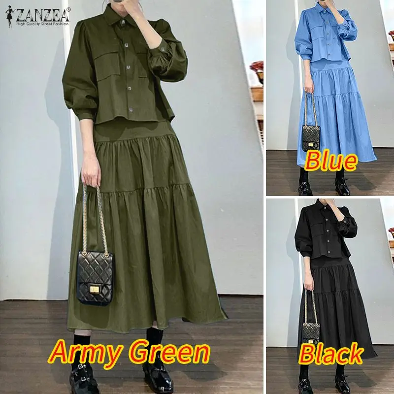 ZANZEA Casual Women's 2 Piece Skirt Sets Long Sleeve Shirts and Elastic Waist Midi Skirts Suits 2pcs Elegant Woman Outfits