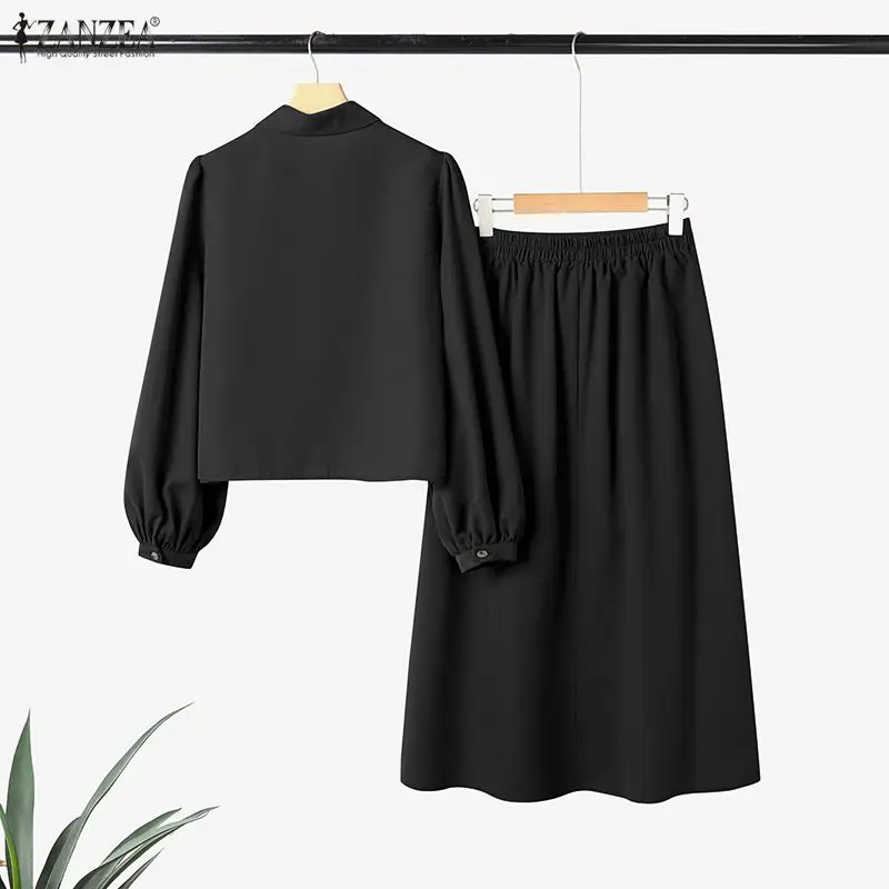 ZANZEA Casual Women's 2 Piece Skirt Sets Long Sleeve Shirts and Elastic Waist Midi Skirts Suits 2pcs Elegant Woman Outfits
