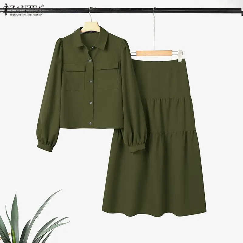 ZANZEA Casual Women's 2 Piece Skirt Sets Long Sleeve Shirts and Elastic Waist Midi Skirts Suits 2pcs Elegant Woman Outfits