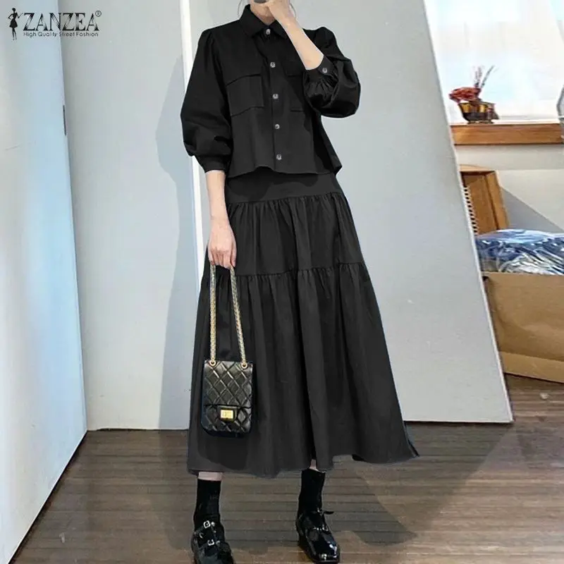 ZANZEA Casual Women's 2 Piece Skirt Sets Long Sleeve Shirts and Elastic Waist Midi Skirts Suits 2pcs Elegant Woman Outfits