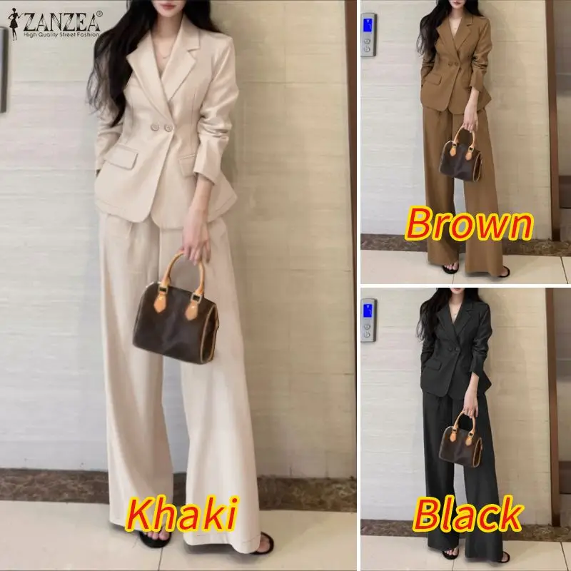 ZANZEA Women's Minimalist 2 Piece Sets Lepel Neck Blazer and Wide Leg Pants 2pcs Suits 2026 Spring Fashion Woman Outfits S-3XL