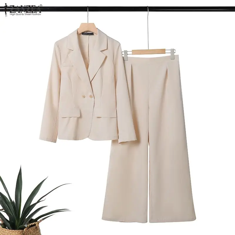 ZANZEA Women's Minimalist 2 Piece Sets Lepel Neck Blazer and Wide Leg Pants 2pcs Suits 2026 Spring Fashion Woman Outfits S-3XL