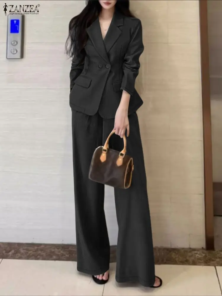 ZANZEA Women's Minimalist 2 Piece Sets Lepel Neck Blazer and Wide Leg Pants 2pcs Suits 2026 Spring Fashion Woman Outfits S-3XL