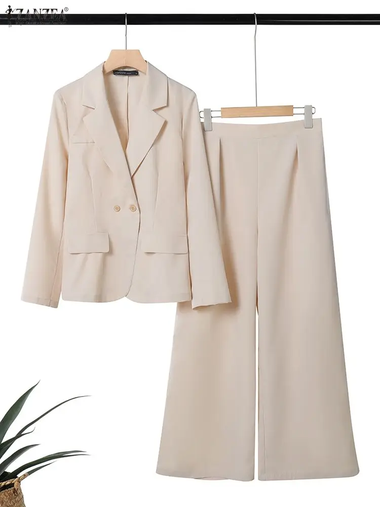 ZANZEA Women's Minimalist 2 Piece Sets Lepel Neck Blazer and Wide Leg Pants 2pcs Suits 2026 Spring Fashion Woman Outfits S-3XL