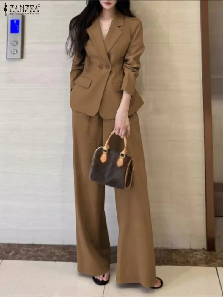 ZANZEA Women's Minimalist 2 Piece Sets Lepel Neck Blazer and Wide Leg Pants 2pcs Suits 2026 Spring Fashion Woman Outfits S-3XL