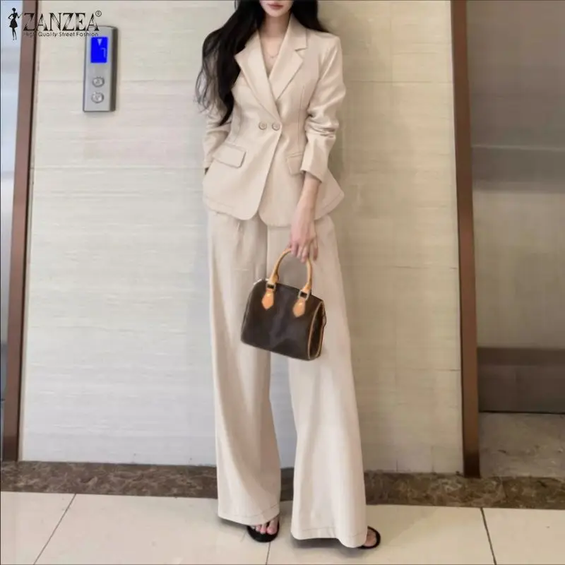 ZANZEA Women's Minimalist 2 Piece Sets Lepel Neck Blazer and Wide Leg Pants 2pcs Suits 2026 Spring Fashion Woman Outfits S-3XL