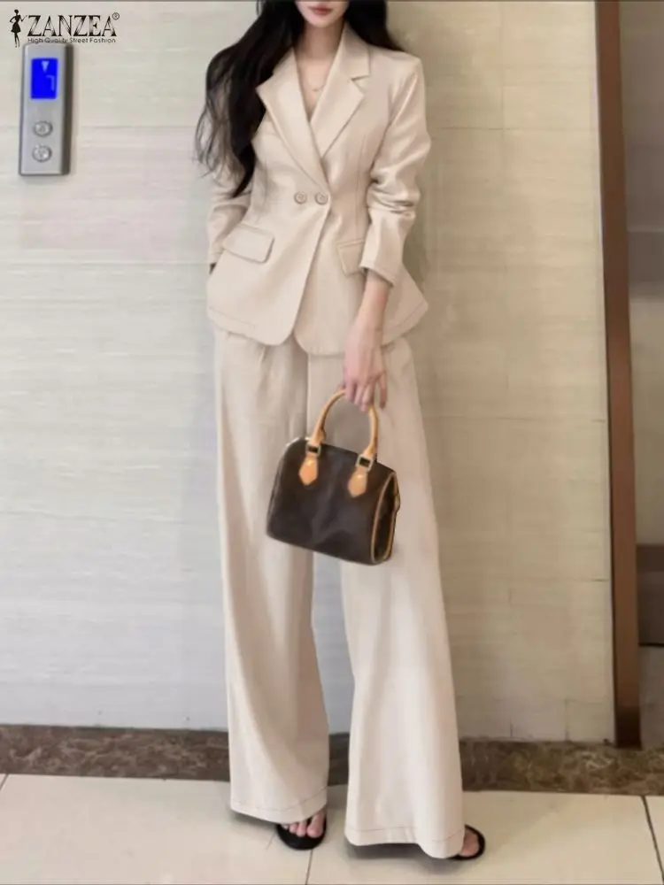ZANZEA Women's Minimalist 2 Piece Sets Lepel Neck Blazer and Wide Leg Pants 2pcs Suits 2026 Spring Fashion Woman Outfits S-3XL