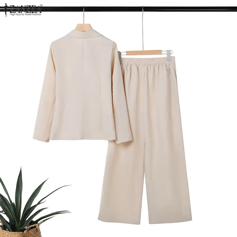ZANZEA Women's Minimalist 2 Piece Sets Lepel Neck Blazer and Wide Leg Pants 2pcs Suits 2026 Spring Fashion Woman Outfits S-3XL