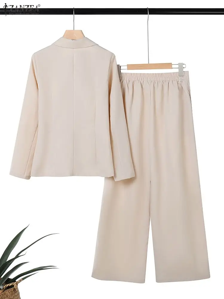 ZANZEA Women's Minimalist 2 Piece Sets Lepel Neck Blazer and Wide Leg Pants 2pcs Suits 2026 Spring Fashion Woman Outfits S-3XL
