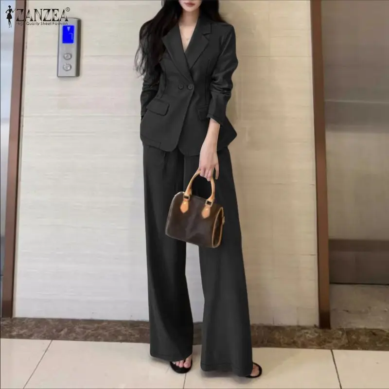 ZANZEA Women's Minimalist 2 Piece Sets Lepel Neck Blazer and Wide Leg Pants 2pcs Suits 2026 Spring Fashion Woman Outfits S-3XL