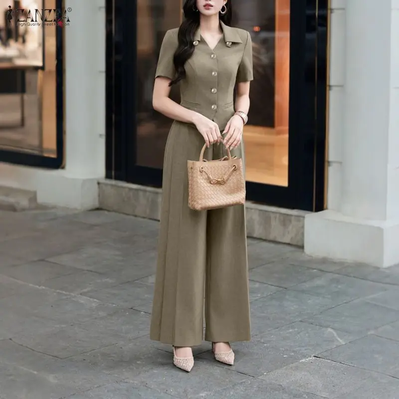 ZANZEA Women's Elegant Pant Suits V-Neck Short Sleeve Shirts & Wide Leg Pants Office Lady 2 Pieces Sets Outfits Woman Sets S-3XL
