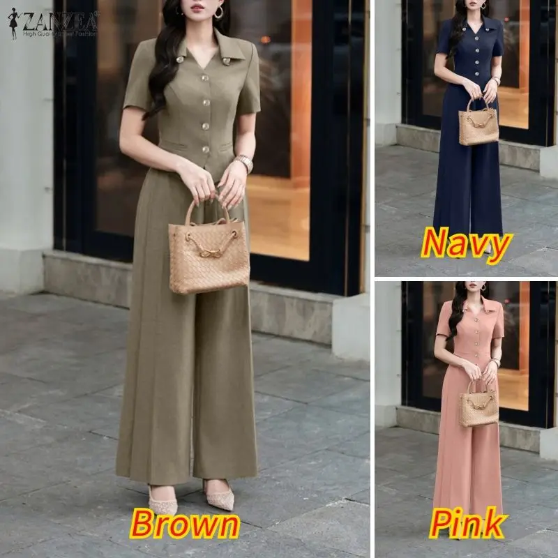ZANZEA Women's Elegant Pant Suits V-Neck Short Sleeve Shirts & Wide Leg Pants Office Lady 2 Pieces Sets Outfits Woman Sets S-3XL