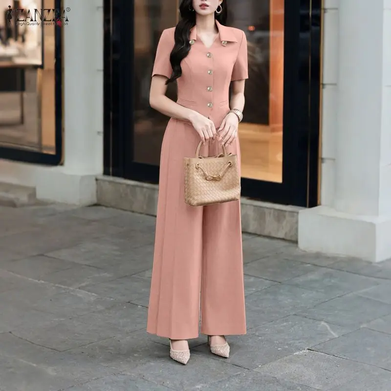 ZANZEA Women's Elegant Pant Suits V-Neck Short Sleeve Shirts & Wide Leg Pants Office Lady 2 Pieces Sets Outfits Woman Sets S-3XL