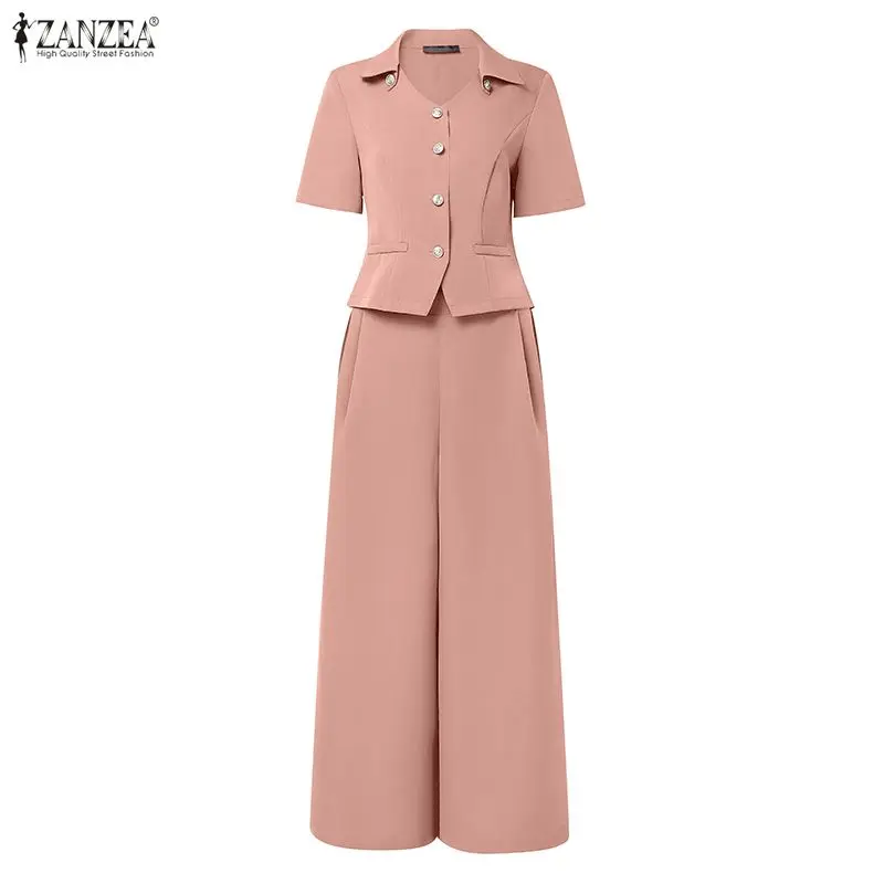 ZANZEA Women's Elegant Pant Suits V-Neck Short Sleeve Shirts & Wide Leg Pants Office Lady 2 Pieces Sets Outfits Woman Sets S-3XL