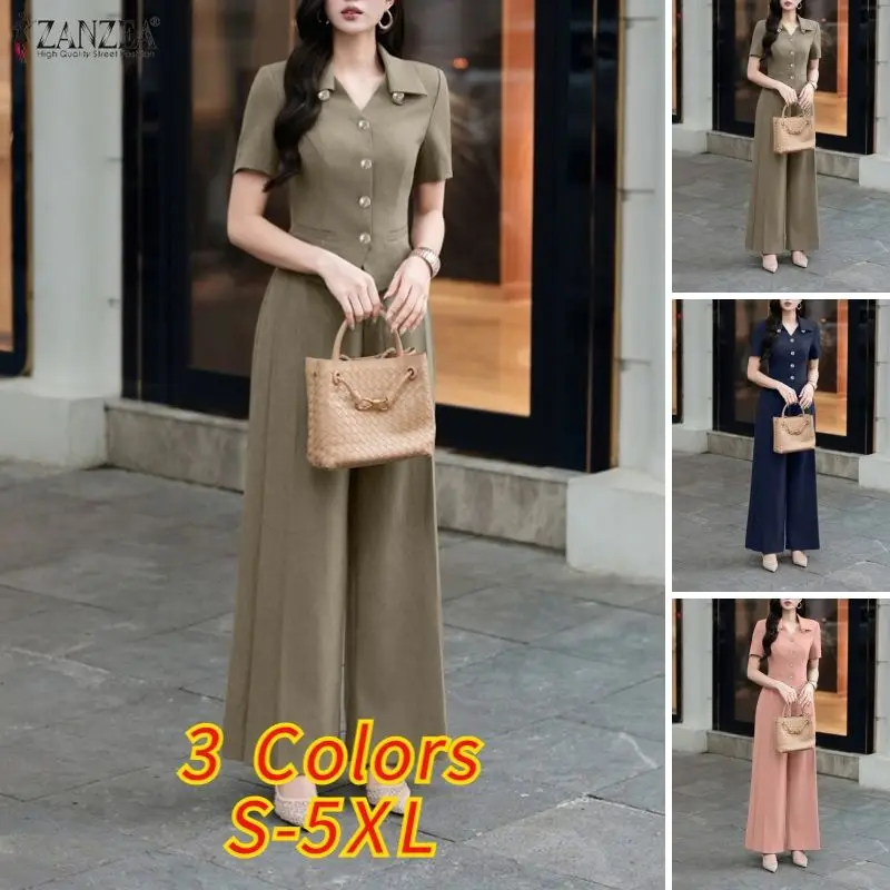 ZANZEA Women's Elegant Pant Suits V-Neck Short Sleeve Shirts & Wide Leg Pants Office Lady 2 Pieces Sets Outfits Woman Sets S-3XL