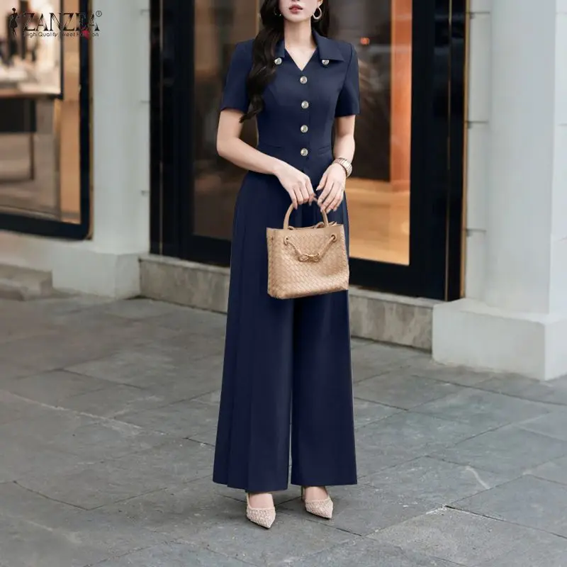 ZANZEA Women's Elegant Pant Suits V-Neck Short Sleeve Shirts & Wide Leg Pants Office Lady 2 Pieces Sets Outfits Woman Sets S-3XL