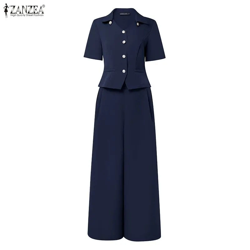 ZANZEA Women's Elegant Pant Suits V-Neck Short Sleeve Shirts & Wide Leg Pants Office Lady 2 Pieces Sets Outfits Woman Sets S-3XL