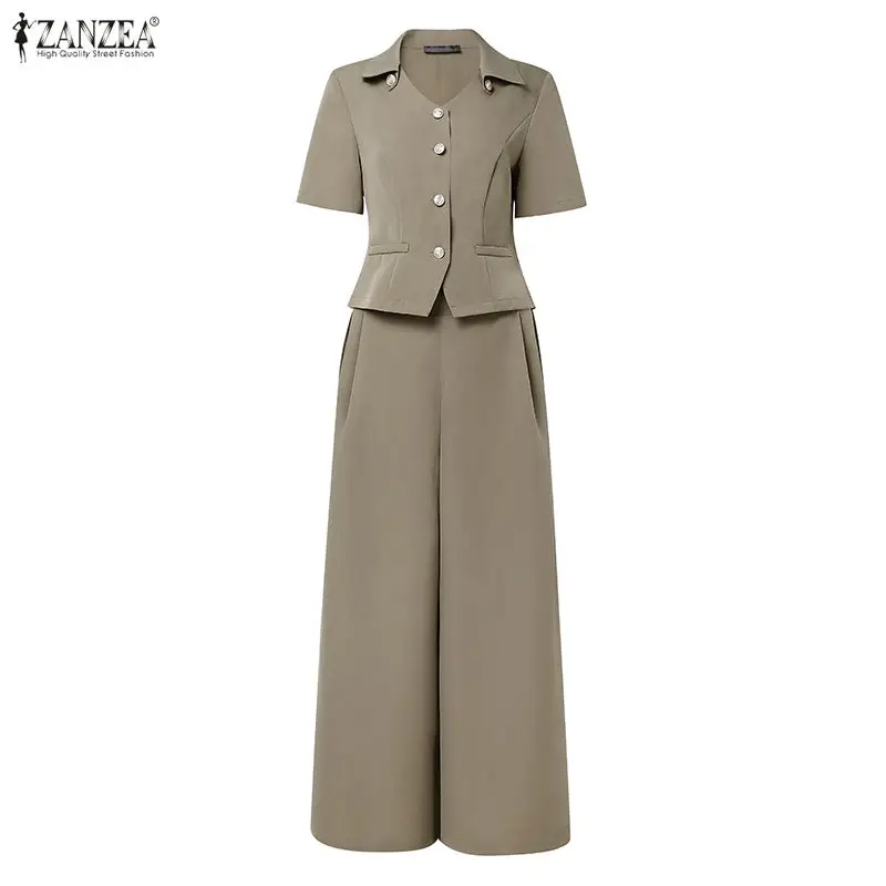 ZANZEA Women's Elegant Pant Suits V-Neck Short Sleeve Shirts & Wide Leg Pants Office Lady 2 Pieces Sets Outfits Woman Sets S-3XL