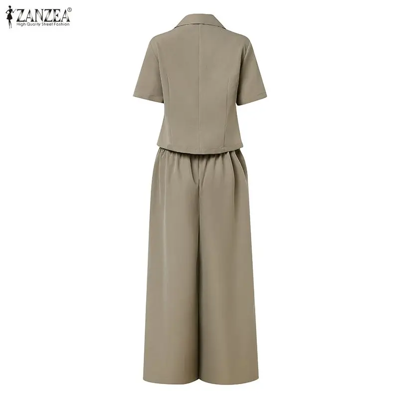 ZANZEA Women's Elegant Pant Suits V-Neck Short Sleeve Shirts & Wide Leg Pants Office Lady 2 Pieces Sets Outfits Woman Sets S-3XL