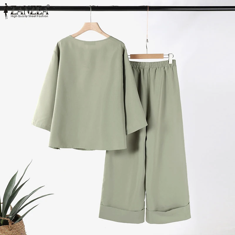 ZANZEA 2025 Spring Loose 2-Piece Sets Women Streetwear Wide Leg Trouser Pant Sets Casual Ruched Hem Blouse Solid 2pcs Outfits