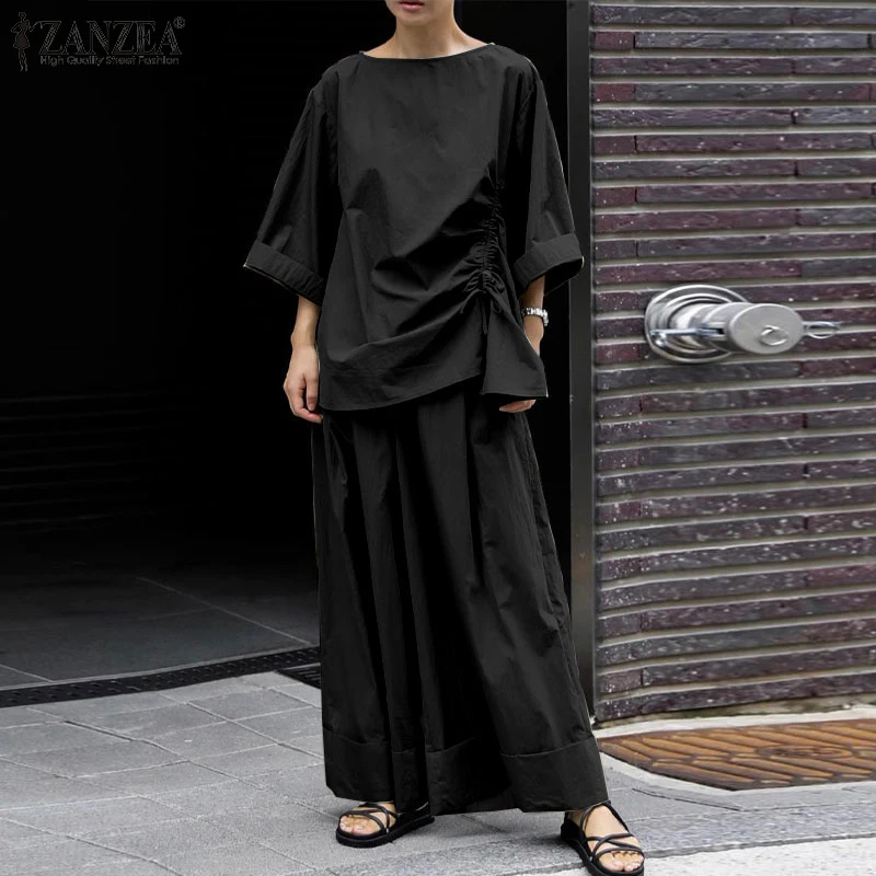 ZANZEA 2025 Spring Loose 2-Piece Sets Women Streetwear Wide Leg Trouser Pant Sets Casual Ruched Hem Blouse Solid 2pcs Outfits