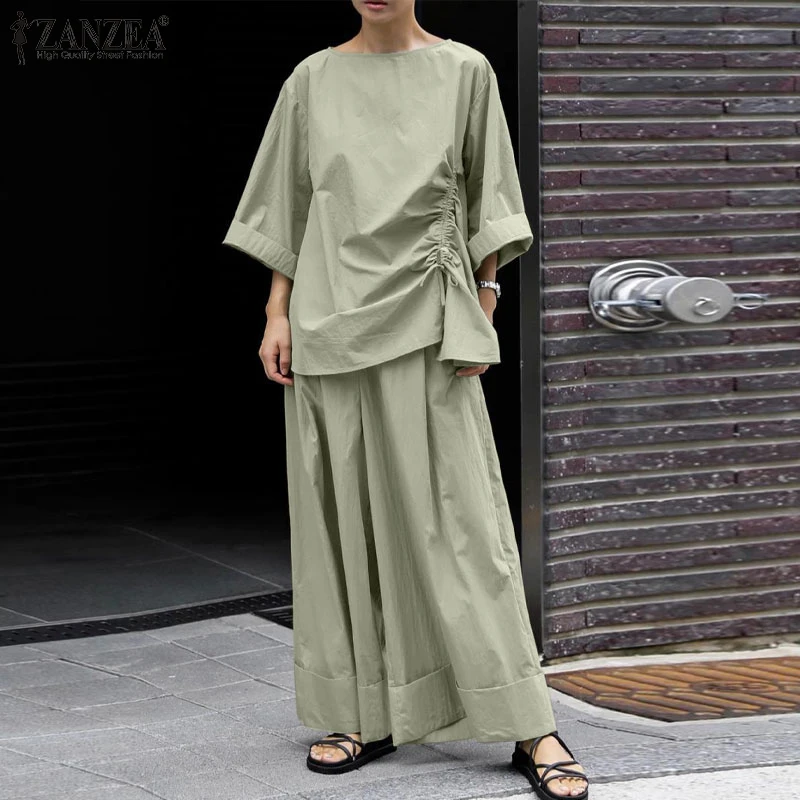 ZANZEA 2025 Spring Loose 2-Piece Sets Women Streetwear Wide Leg Trouser Pant Sets Casual Ruched Hem Blouse Solid 2pcs Outfits