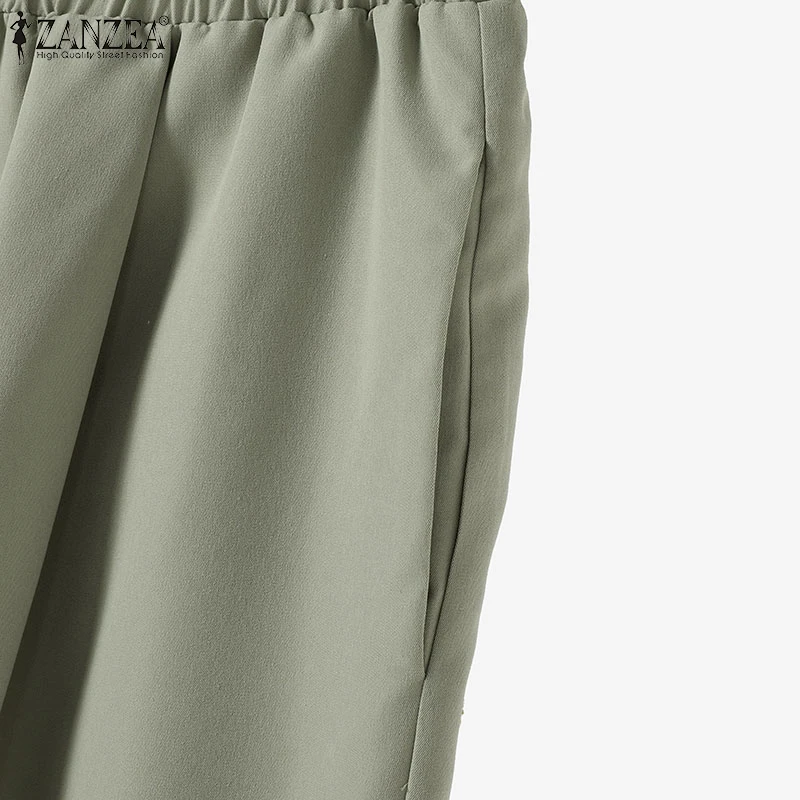 ZANZEA 2025 Spring Loose 2-Piece Sets Women Streetwear Wide Leg Trouser Pant Sets Casual Ruched Hem Blouse Solid 2pcs Outfits