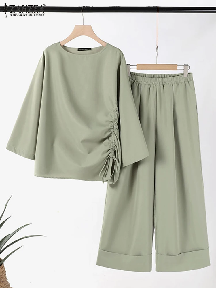 ZANZEA 2025 Spring Loose 2-Piece Sets Women Streetwear Wide Leg Trouser Pant Sets Casual Ruched Hem Blouse Solid 2pcs Outfits